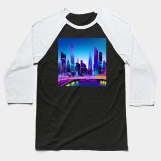 Ai Generated Art Scenery - Futuristic City Near River With Neon Lighting Baseball T-Shirt